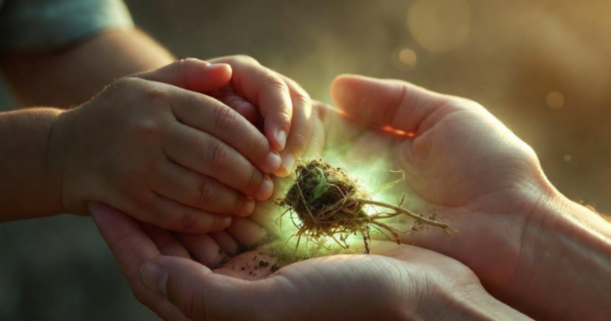 小児がん治療への応用が期待される麻の根（Hemp Roots）を優しく包み込む子供と大人の手