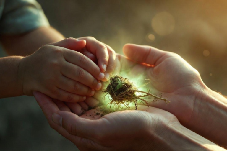 小児がん治療への応用が期待される麻の根（Hemp Roots）を優しく包み込む子供と大人の手
