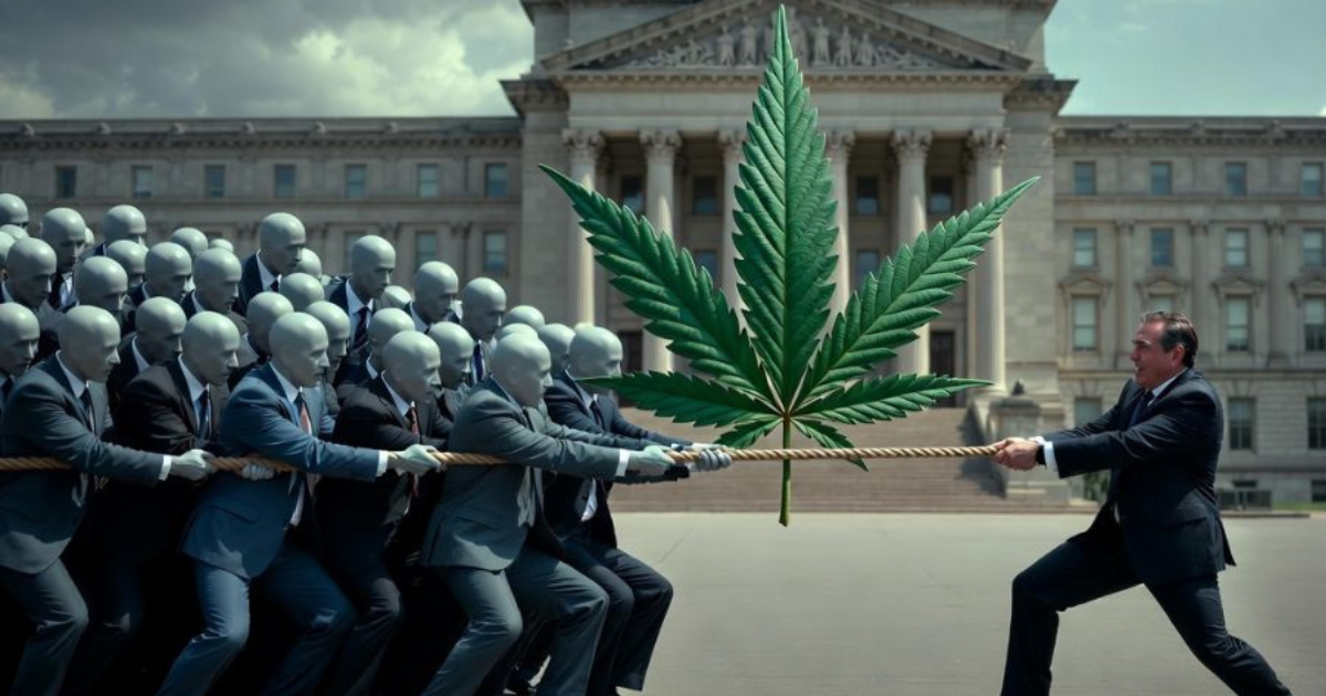 重厚な政府庁舎の前で、巨大な大麻の葉が結ばれたロープを、スーツ姿の集団と一人の男性が綱引きしている様子