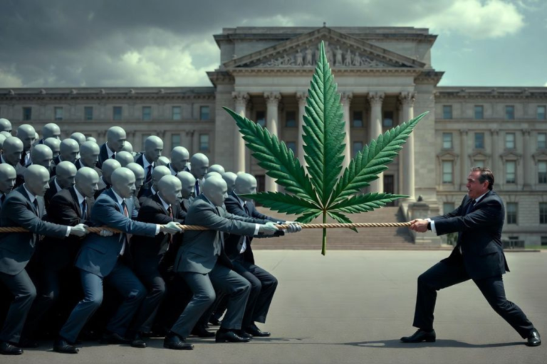 重厚な政府庁舎の前で、巨大な大麻の葉が結ばれたロープを、スーツ姿の集団と一人の男性が綱引きしている様子