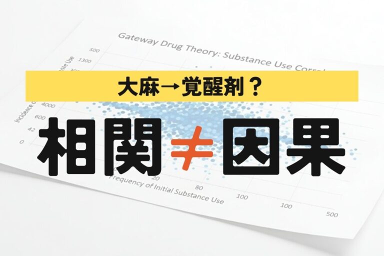 大麻から覚醒剤へ進むというゲートウェイドラッグ理論について、相関と因果の違いを示す統計的な散布図イメージ
