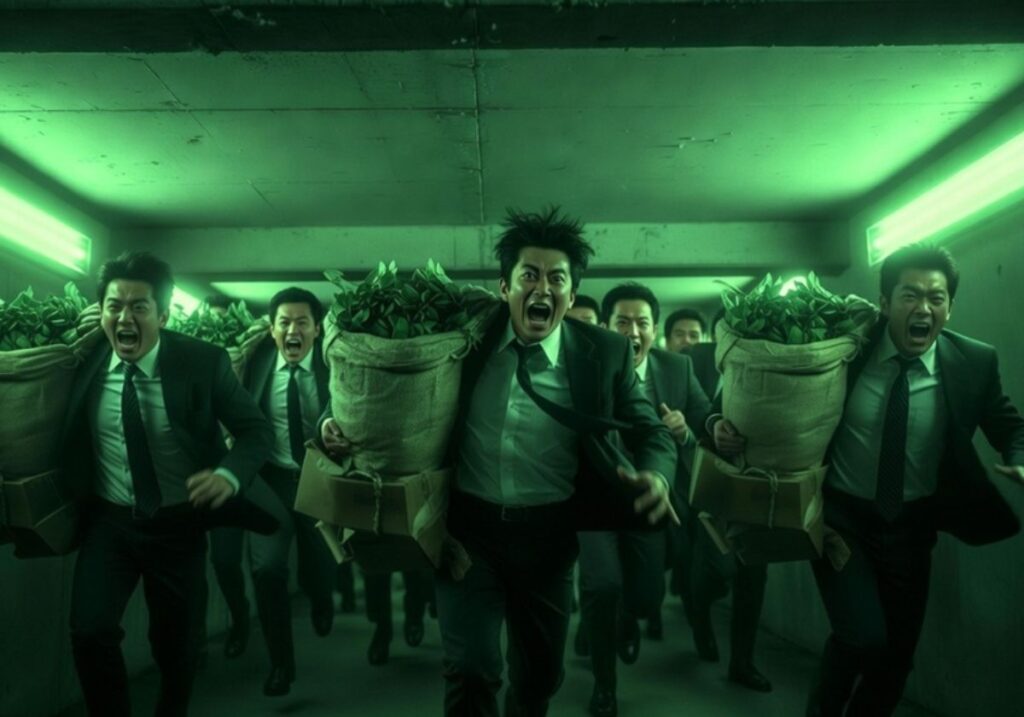 緑色の蛍光灯が光る地下通路で、大麻の葉が詰まった重い麻袋を担ぎ、叫びながら正面へ走り抜けるビジネスマンの集団。タイの大麻規制強化による市場の混乱と事業者の撤退を象徴。