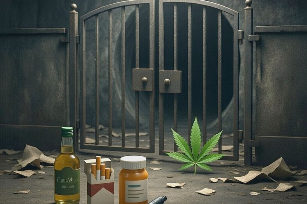 暗いトンネル入口の鉄の門の前に、酒瓶、たばこ、薬の容器、電子タバコ、大麻の葉が置かれており、薬物使用の順序と入口という考え方を視覚的に示している