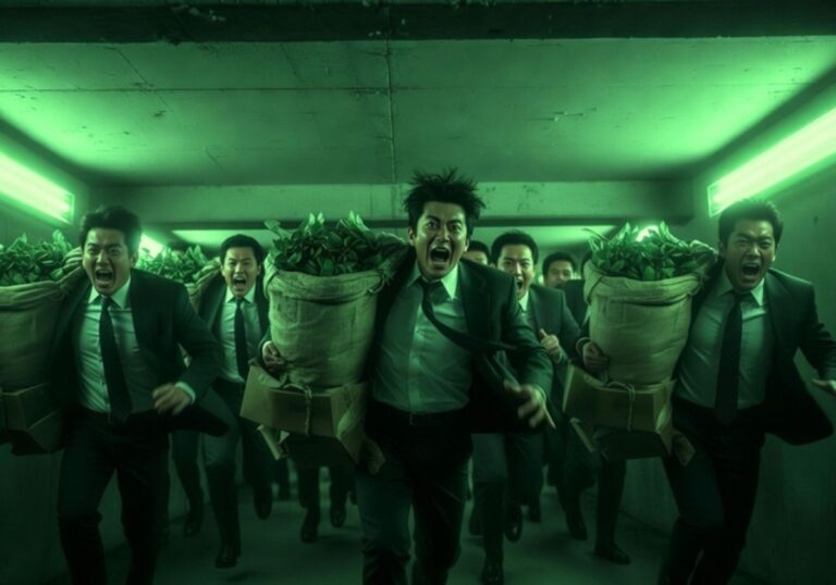 緑色の蛍光灯が光る地下通路で、大麻の葉が詰まった重い麻袋を担ぎ、叫びながら正面へ走り抜けるビジネスマンの集団。タイの大麻規制強化による市場の混乱と事業者の撤退を象徴。