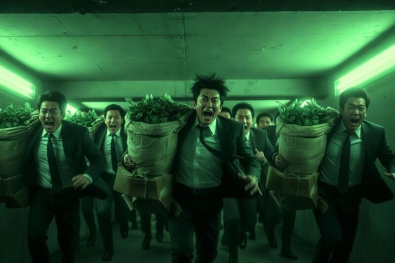 緑色の蛍光灯が光る地下通路で、大麻の葉が詰まった重い麻袋を担ぎ、叫びながら正面へ走り抜けるビジネスマンの集団。タイの大麻規制強化による市場の混乱と事業者の撤退を象徴。