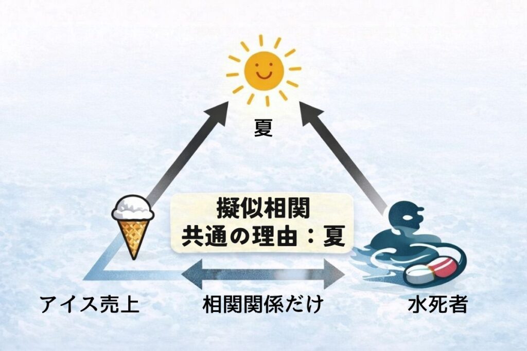大麻から覚醒剤へのゲートウェイドラッグ理論を、アルコールやタバコと並べて相関と因果の誤解として示す実写風写真