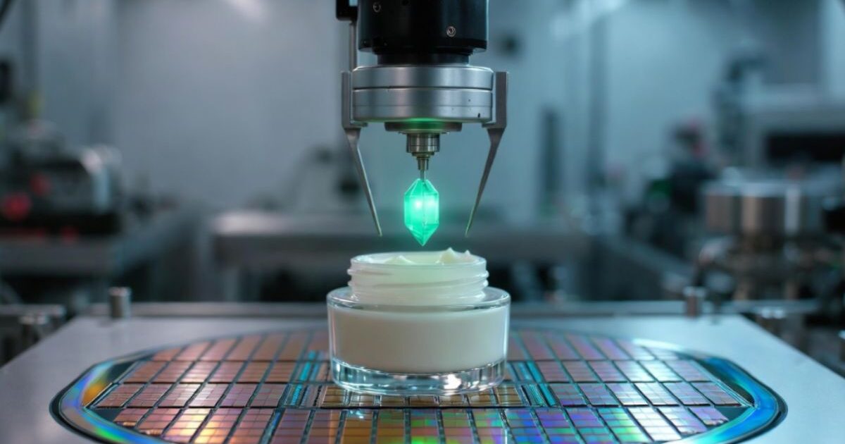 半導体ウェハー上の化粧品と精密ロボットアーム。EU（SCCS）のCBD化粧品規制案におけるTHC許容値0.00025%（2.5ppm）という半導体級の厳格さを象徴