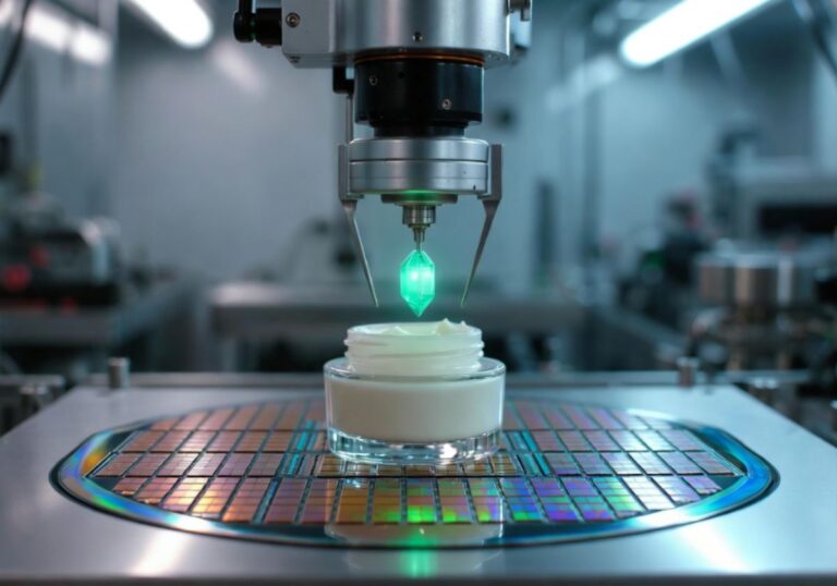 半導体ウェハー上の化粧品と精密ロボットアーム。EU（SCCS）のCBD化粧品規制案におけるTHC許容値0.00025%（2.5ppm）という半導体級の厳格さを象徴