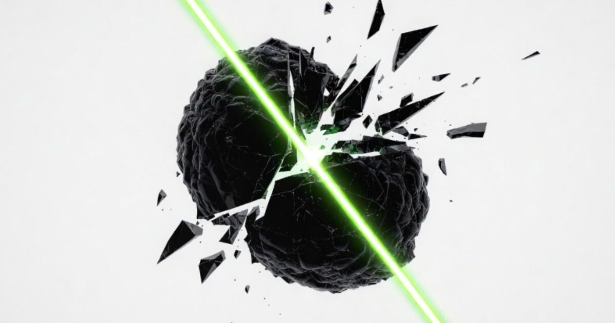 CBD（緑のレーザー）がメラノーマ細胞（黒い塊）を撃ち砕くイメージ図。Phytomedicine掲載論文におけるアポトーシス（細胞自滅）のメカニズムを視覚化