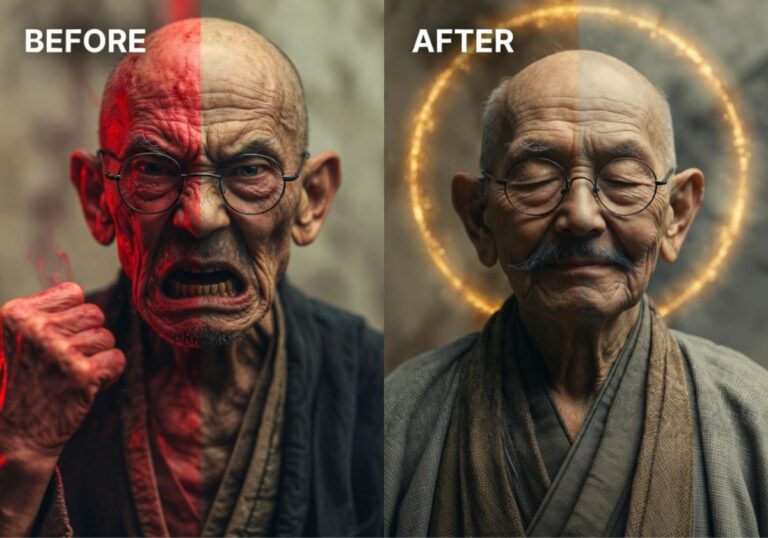 怒りに満ちた表情の高齢男性（Before）と、後光が差し穏やかに微笑む姿（After）の対比
