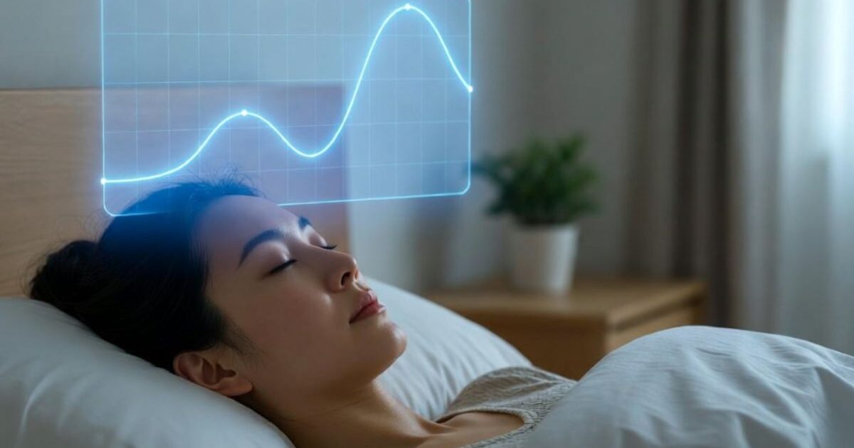 CBDオイルによる中途覚醒改善のイメージ：安眠する日本人女性と頭上に浮かぶ睡眠サイクルのグラフ
