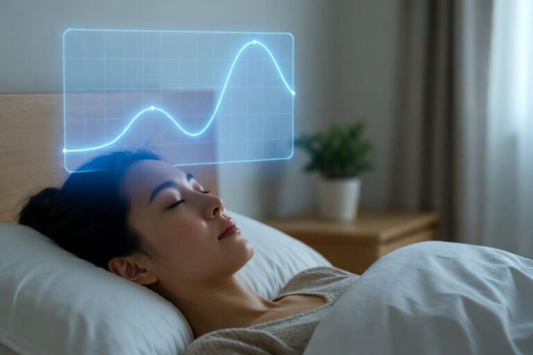 CBDオイルによる中途覚醒改善のイメージ：安眠する日本人女性と頭上に浮かぶ睡眠サイクルのグラフ