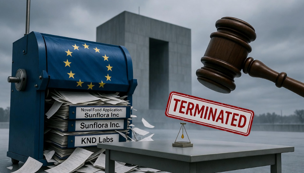 欧州EFSAがSunfloraやKND LabsのCBDノベルフード申請を打ち切り「TERMINATED」判定を示すイメージ