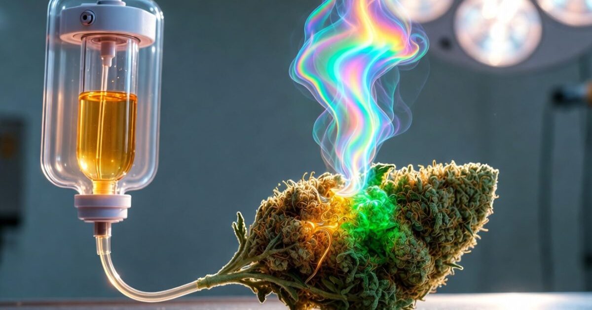 点滴と大麻の花、虹色の煙で医療とカンナビス科学を表現した画像