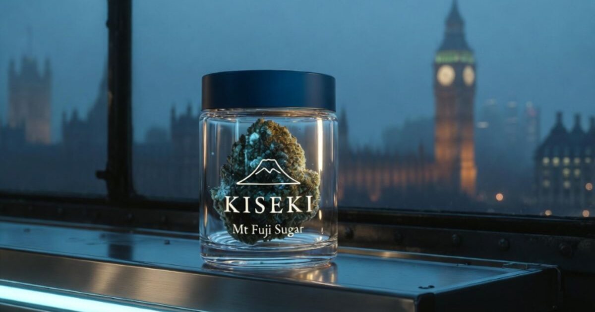 ロンドンの街並みを背景に置かれたKISEKIの医療大麻フラワー「Mt Fuji Sugar」