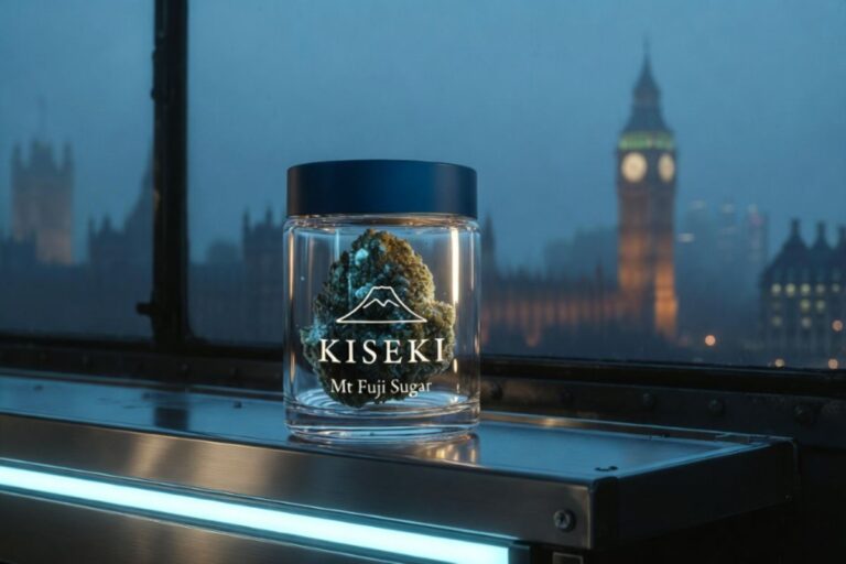 ロンドンの街並みを背景に置かれたKISEKIの医療大麻フラワー「Mt Fuji Sugar」