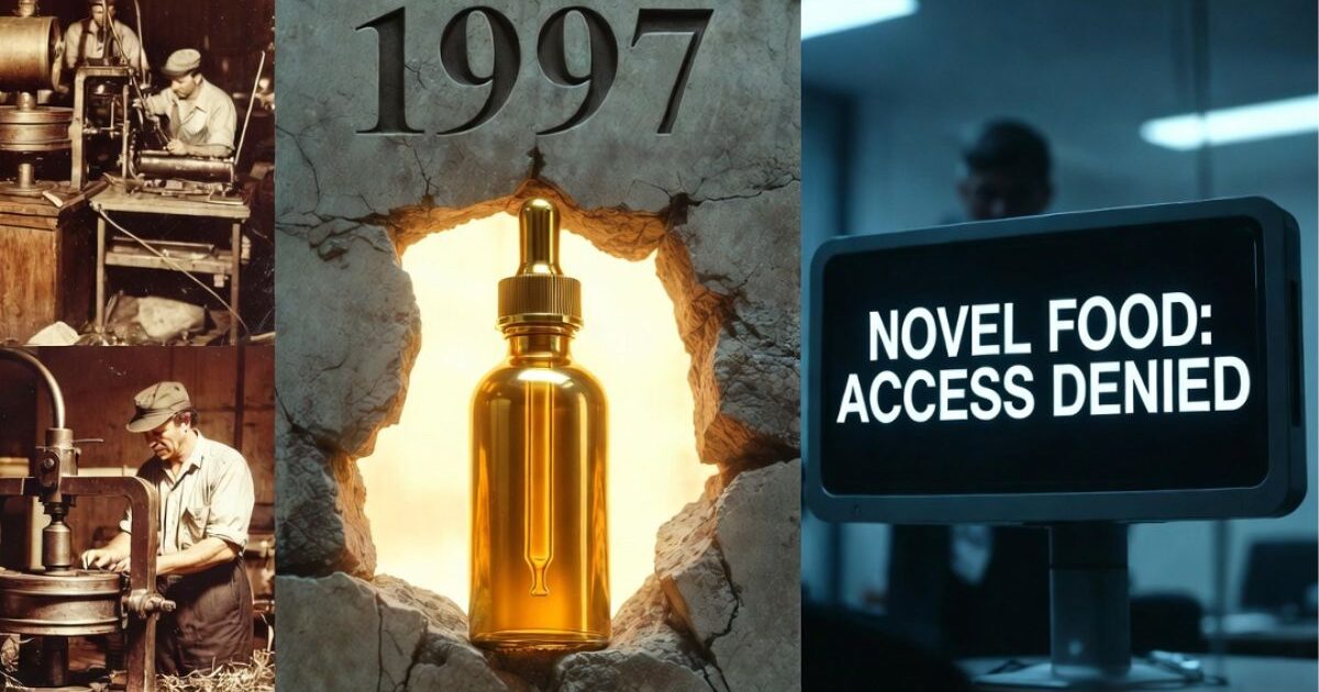 1997年以前の伝統的ヘンプ製造とノベルフード拒否を対比するCBD規制イメージ