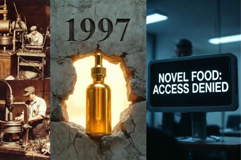 1997年以前の伝統的ヘンプ製造とノベルフード拒否を対比するCBD規制イメージ