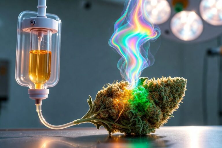 点滴と大麻の花、虹色の煙で医療とカンナビス科学を表現した画像
