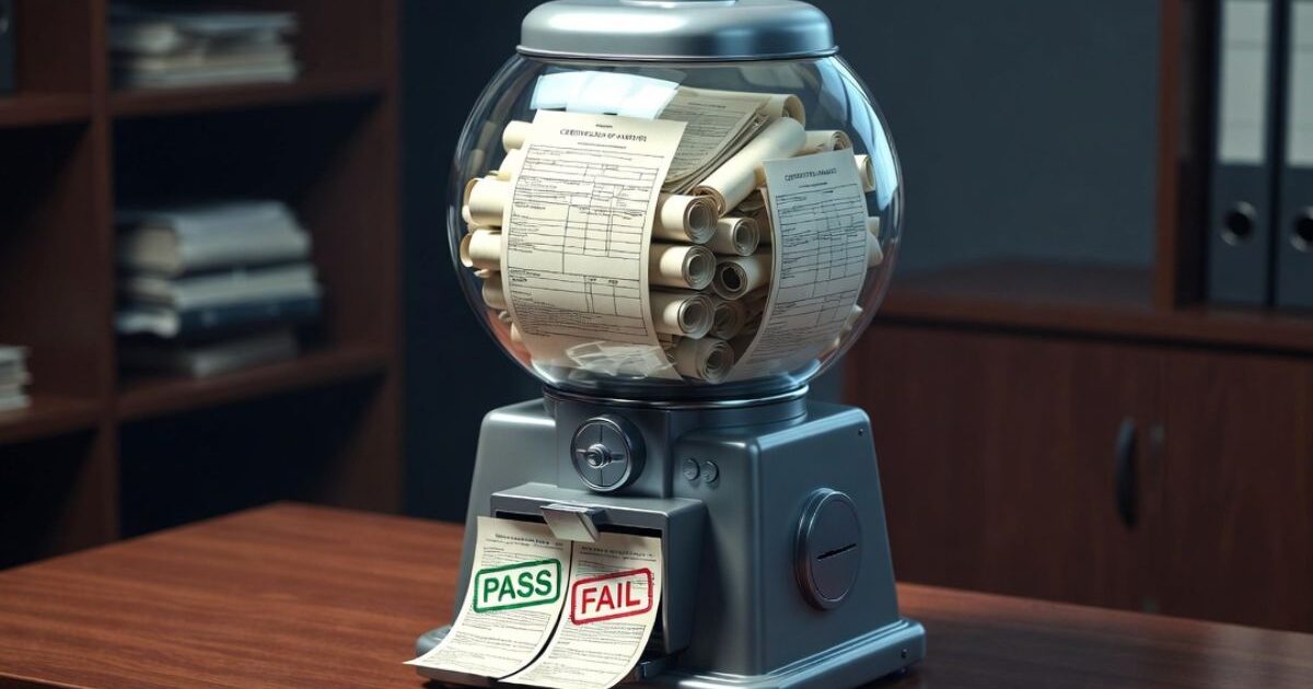 PASSとFAILが出る検査書類入りガチャマシンのイメージ画像