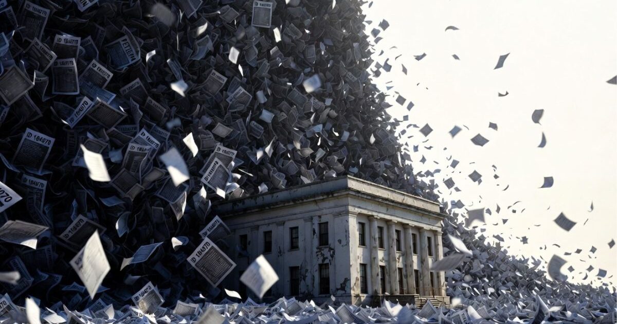 大量の申請書類が山積みとなる規制当局を象徴するCBDノベルフード審査のイメージ