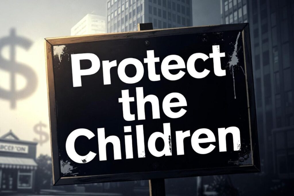 Protect the Childrenの看板と背後のドルマークを描いた規制議論のイメージ