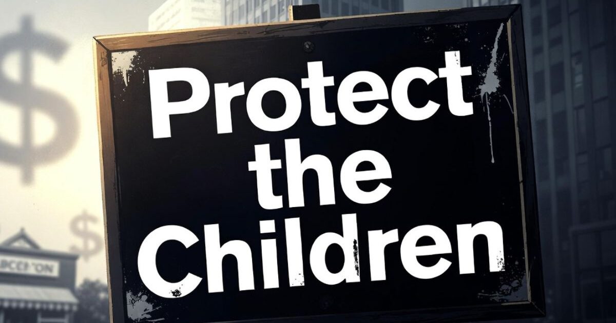 Protect the Childrenの看板と背後のドルマークを描いた規制議論のイメージ