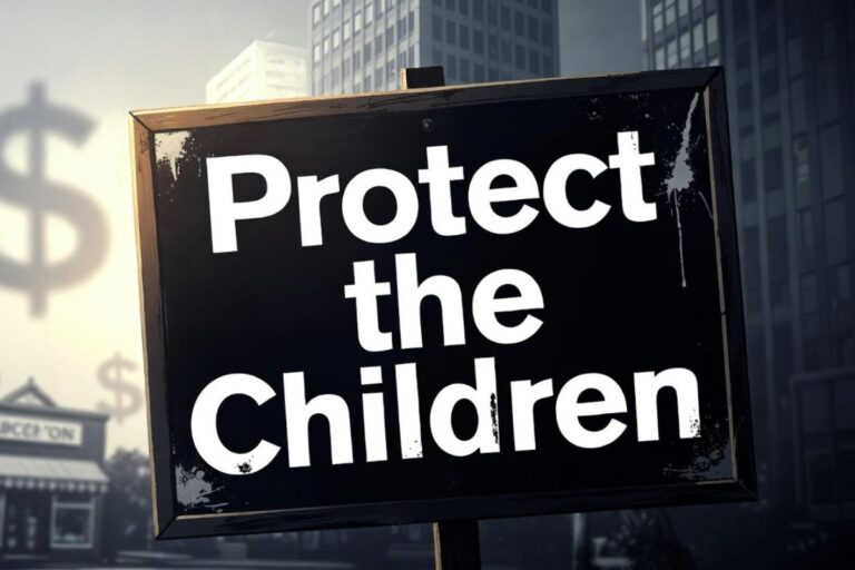 Protect the Childrenの看板と背後のドルマークを描いた規制議論のイメージ