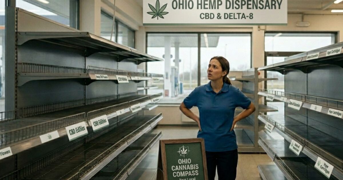 向精神性ヘンプ製品が撤去された空のコンビニ棚のイメージ、オハイオ州新法施行を象徴する