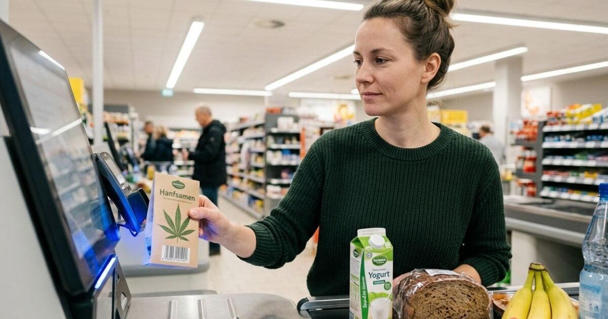 スーパーマーケットのセルフレジで、ヘンプシード(麻の実)のパッケージをスキャンしている女性。手元にはヨーグルトやパン、バナナなどの食料品が並んでいる。