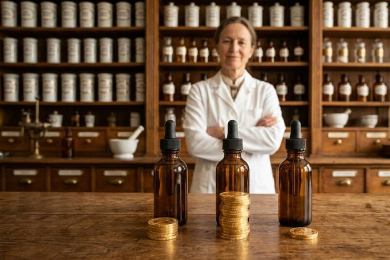 alt="スイスの薬局カウンターで医療大麻の処方箋を確認する患者と薬剤師"