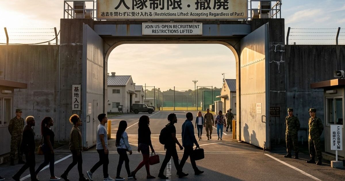 夕暮れの軍事基地ゲート前に、多様な人々が列をなして入場する様子。ゲート上部には「入隊制限：撤廃」「過去を問わずに受け入れる」と日本語で記され、英語でも「JOIN US: OPEN RECRUITMENT RESTRICTIONS LIFTED」と表示。両脇には迷彩服の兵士が立つ。自衛隊基地を思わせる施設を背景に、民間人が基地内へ歩いていくシーン