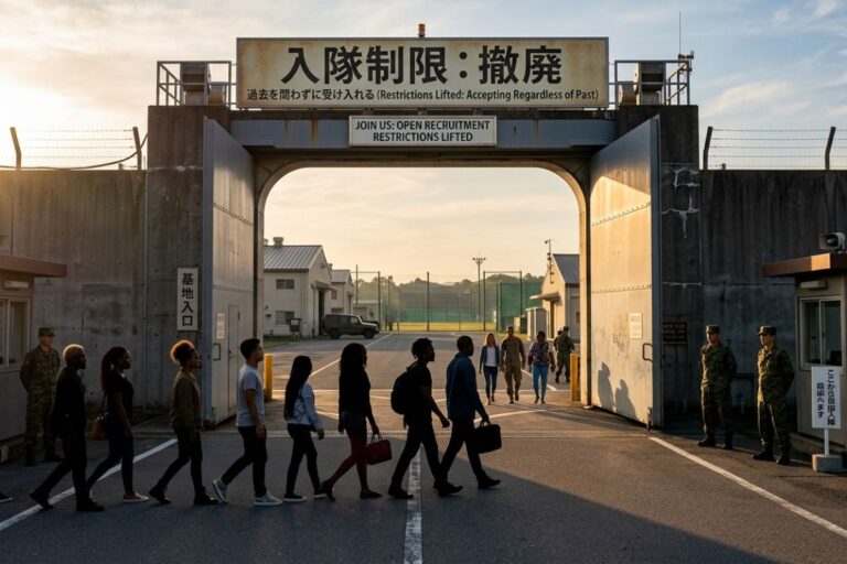 夕暮れの軍事基地ゲート前に、多様な人々が列をなして入場する様子。ゲート上部には「入隊制限：撤廃」「過去を問わずに受け入れる」と日本語で記され、英語でも「JOIN US: OPEN RECRUITMENT RESTRICTIONS LIFTED」と表示。両脇には迷彩服の兵士が立つ。自衛隊基地を思わせる施設を背景に、民間人が基地内へ歩いていくシーン