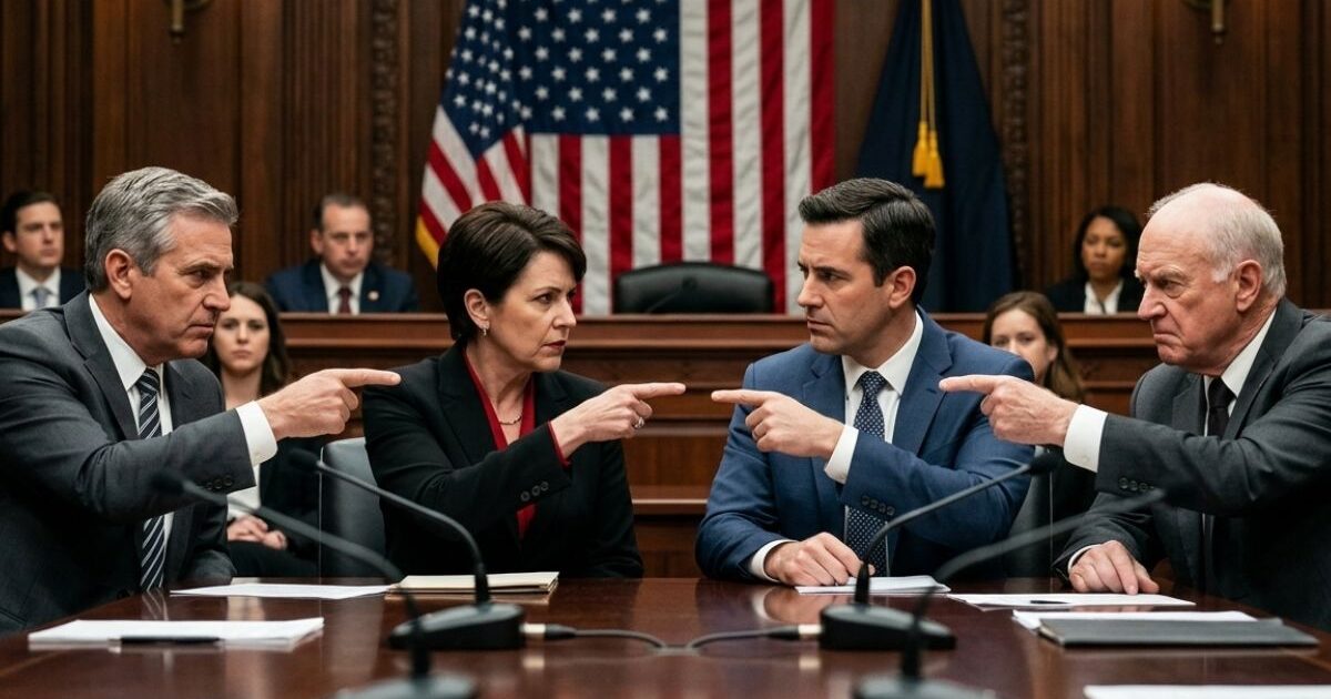 アメリカの国旗を背景に、法廷や公聴会のような場所で、スーツ姿の4人の男女が互いに指を差し合って激しく対立している様子。