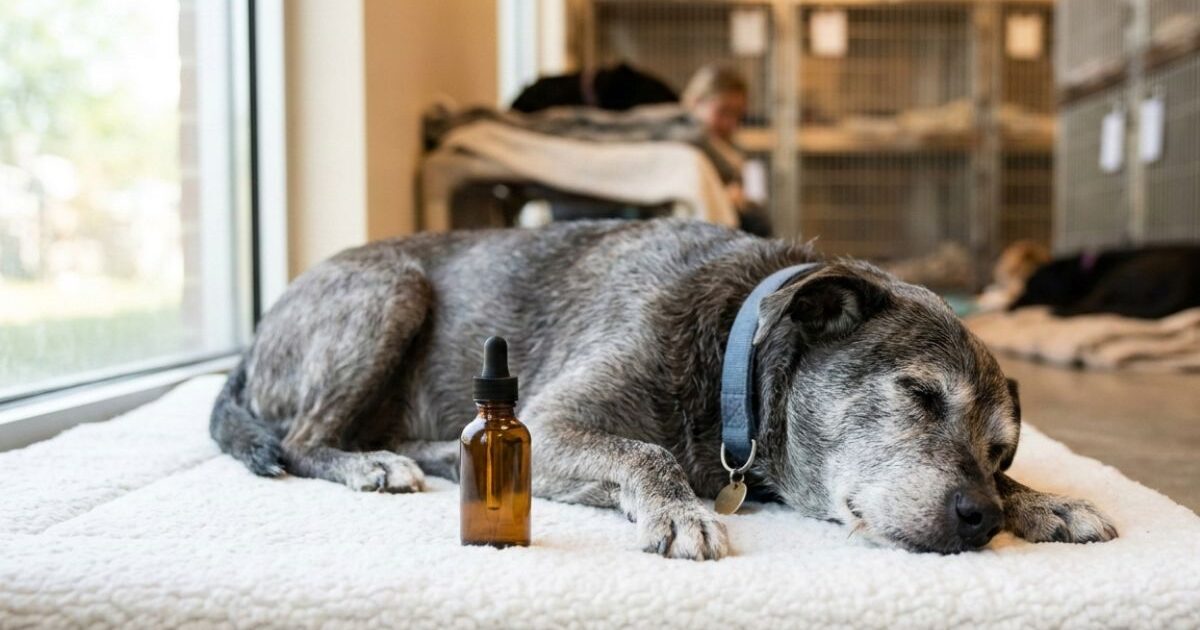 alt="保護犬施設でシニア犬にCBD製品を与えるスタッフの様子"