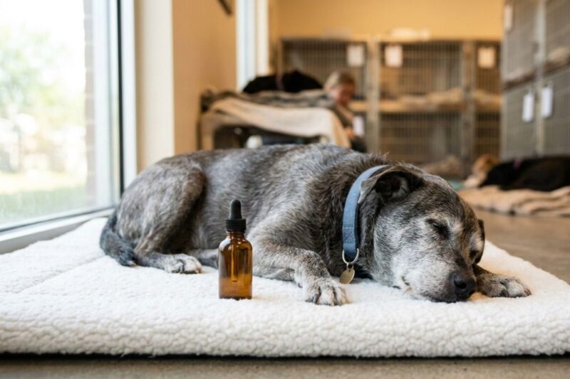 alt="保護犬施設でシニア犬にCBD製品を与えるスタッフの様子"