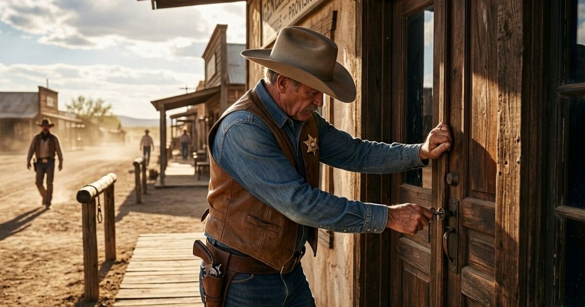 西部劇の街並みで、保安官バッジをつけたカウボーイが「GENERAL STORE(雑貨店)」の木の扉に鍵をかけ、閉鎖している様子。