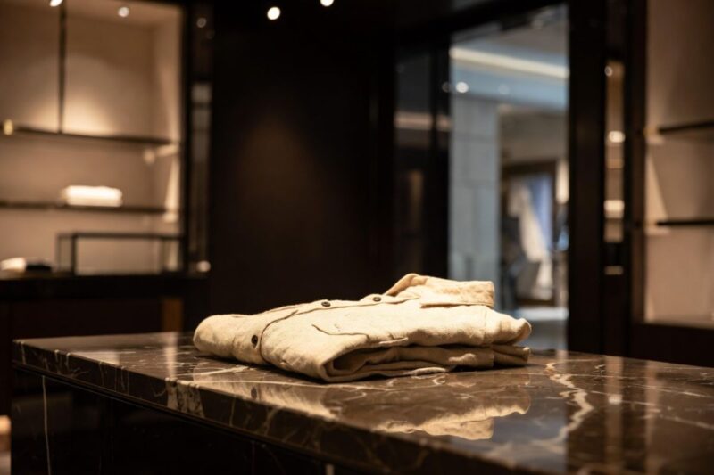 京都西陣の職人が丁寧にヘンプ繊維を織る手元のクローズアップ、HOSOO MENのクラフトマンシップを象徴するイメージ