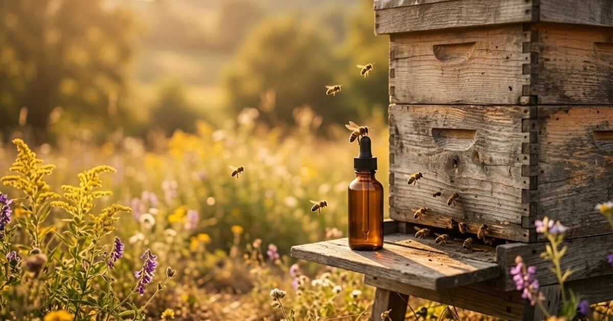 alt="ヘンプ植物の花の周囲に集まるミツバチが花粉を採取しているシーン"