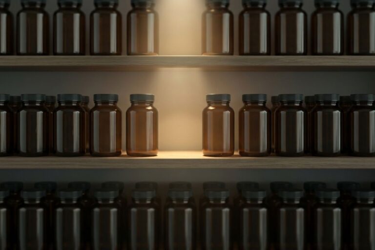 棚に整然と並べられた多数の茶色い遮光瓶と、中央の1本を照らすスポットライト