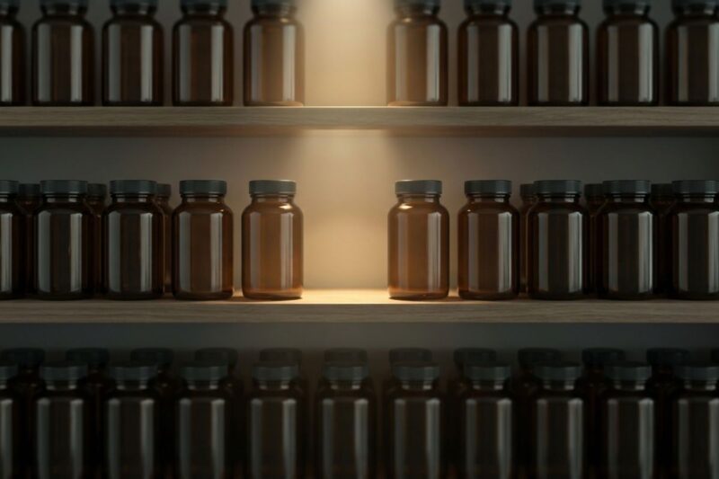 棚に整然と並べられた多数の茶色い遮光瓶と、中央の1本を照らすスポットライト