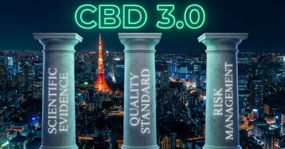東京タワーの夜景を背景に、3本の大理石の柱が並ぶ画像。左から「Scientific Evidence」「Quality Standard」「Risk Management」と刻まれ、上部にはネオングリーンで「CBD 3.0」の文字が輝いている