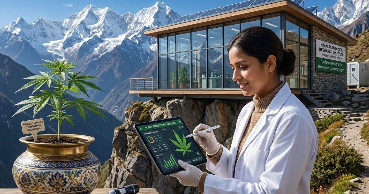 ヒマラヤの雪山を背景に、白衣の女性研究者がタブレットで大麻植物の分析データを確認している。左手前には「Himalayan Landrace Cannabis Indica - Uttarakhand」と記された鉢植えの大麻草と装飾壺。背後には「Himalayan Indica Research Institute」の研究施設。太陽光パネルを備えたガラス張りの建物が山の崖の上に建つ