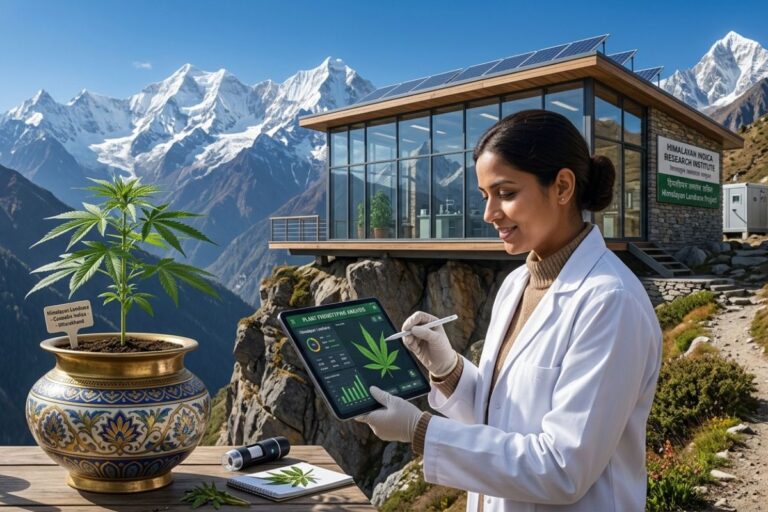 ヒマラヤの雪山を背景に、白衣の女性研究者がタブレットで大麻植物の分析データを確認している。左手前には「Himalayan Landrace Cannabis Indica - Uttarakhand」と記された鉢植えの大麻草と装飾壺。背後には「Himalayan Indica Research Institute」の研究施設。太陽光パネルを備えたガラス張りの建物が山の崖の上に建つ