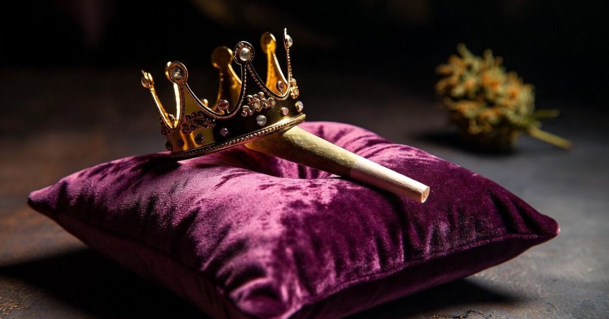 紫のベルベット枕の上に置かれた黄金の王冠と大きなマリファナジョイント、王冠の横に大麻の花