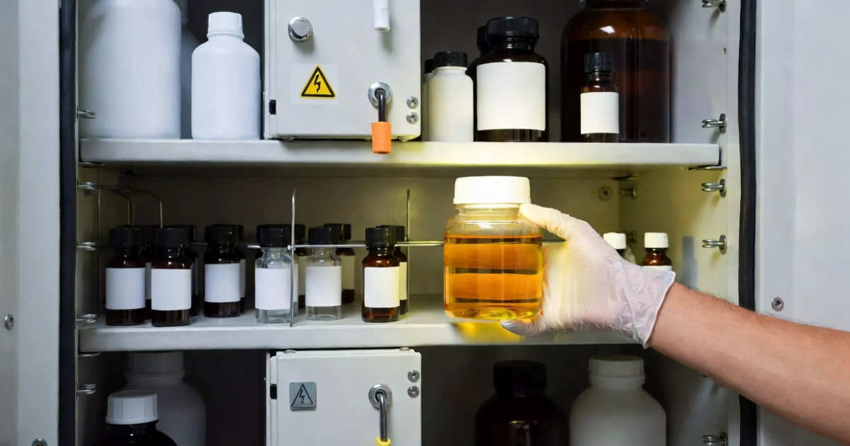 実験室の保管棚で手袋をした手が黄色い液体の入ったボトルを取り出している様子
