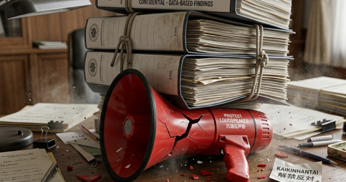 散らかった木製デスクの上で、赤いメガホンが、その上に積み上げられた分厚いファイル群の重みによって無残に潰されている。ファイルには「MINISTRY OF HEALTH & LABOR - CANNABIS LEGISLATION REPORT (2022-2024)」とあり、メガホンには「PROTEST LOUDSPEAKER」の文字。デスクの上には、メガホンの破片や「KAIKINHANTAI 解禁反対」と書かれたメモが散乱している。