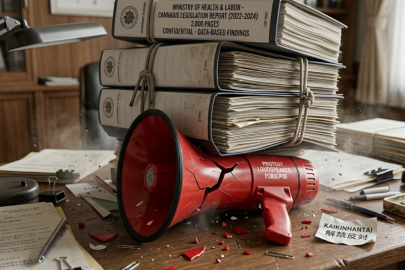 散らかった木製デスクの上で、赤いメガホンが、その上に積み上げられた分厚いファイル群の重みによって無残に潰されている。ファイルには「MINISTRY OF HEALTH & LABOR - CANNABIS LEGISLATION REPORT (2022-2024)」とあり、メガホンには「PROTEST LOUDSPEAKER」の文字。デスクの上には、メガホンの破片や「KAIKINHANTAI 解禁反対」と書かれたメモが散乱している。