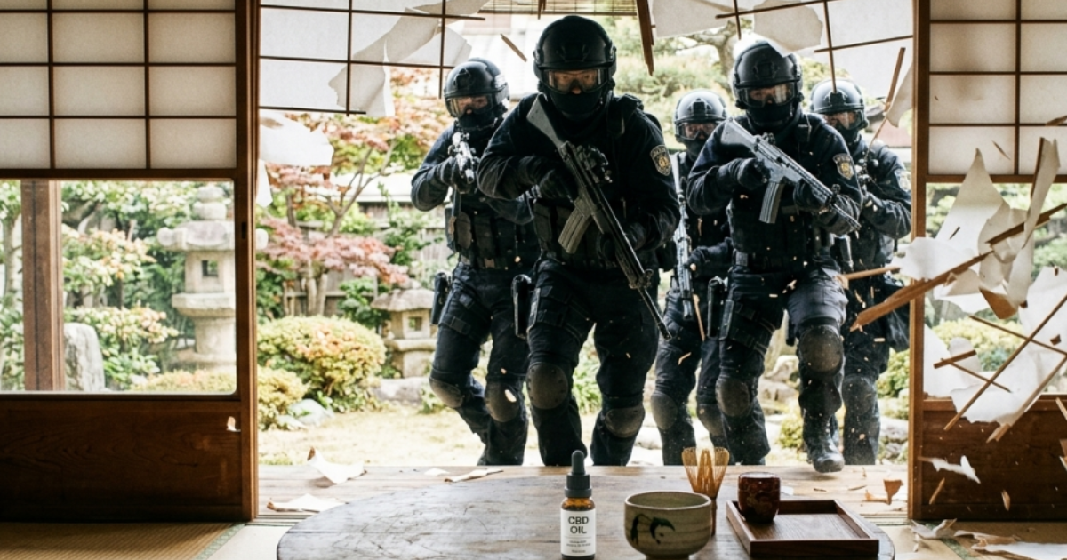 和室の障子を蹴破って、完全武装した黒い特殊部隊員たちが突入してくる。手前の木製ちゃぶ台の上には、1本の「CBD OIL」と書かれたボトル、茶碗、茶筅が置かれ、その平和な風景と対照的。破れた障子の向こうには、美しい和風庭園が見える。