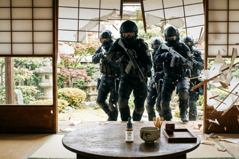 和室の障子を蹴破って、完全武装した黒い特殊部隊員たちが突入してくる。手前の木製ちゃぶ台の上には、1本の「CBD OIL」と書かれたボトル、茶碗、茶筅が置かれ、その平和な風景と対照的。破れた障子の向こうには、美しい和風庭園が見える。